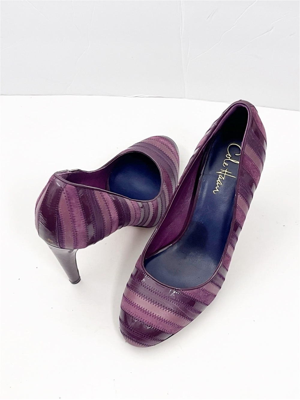 COLE HAAN Patent Leather Suede Striped Almond Toe Stiletto Heels 8 Office Career